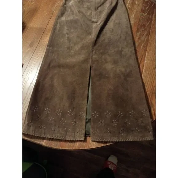 Vintage Sz 6 Margaret Godfrey Brown Suede Leather Maxi Skirt Flower Cut Out Hem - Picture 5 of 8